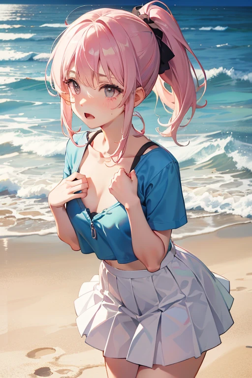 (Masterpiece, BestQuality:1.3), (ultra detailed:1.2), (hyperrealistic:1.3), (RAW photo:1.2), High detail RAW color photo, professional photograph, (Photorealistic:1.4), (realistic:1.4), (Pink Hair:1.5), professional lighting, perfect anatomy, (Big Breasts:1.2), (blush, detailed face), (A happy smile:1.7), sexly, erotic sexly, Random sexy gravure poses, (Blue blouse and white shorts、Blue sandals、Posing playing with the waves on the beach。The anklet is cute。:1.3)