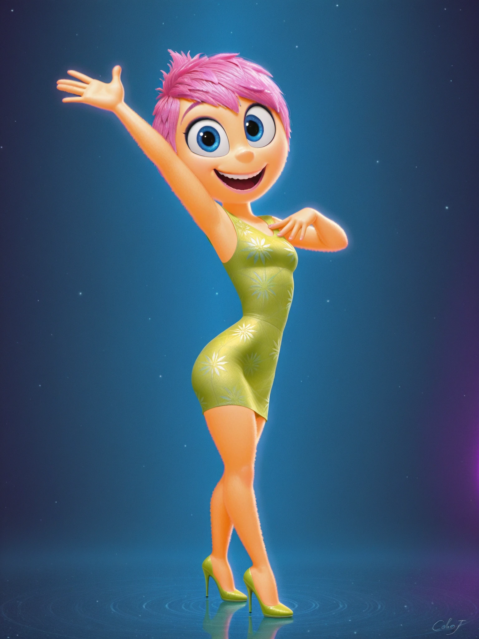 zPDXL, j_o_y, 1girl, blue hair, glowing, green dress, looking at viewer, serious, smiling, standing, medium shot, inside bedroom, soft lighting,1girl solo, outdoors, beachfront, looking at viewer, rear view, topless, standing, wiggling her bottom, full view, legs, purple heels, white panties, hula dance, big butt, thicc, grass hula skirt, beach, blonde hair, twerking, sexy, head turned to viewer, white panties, butthole, vagina