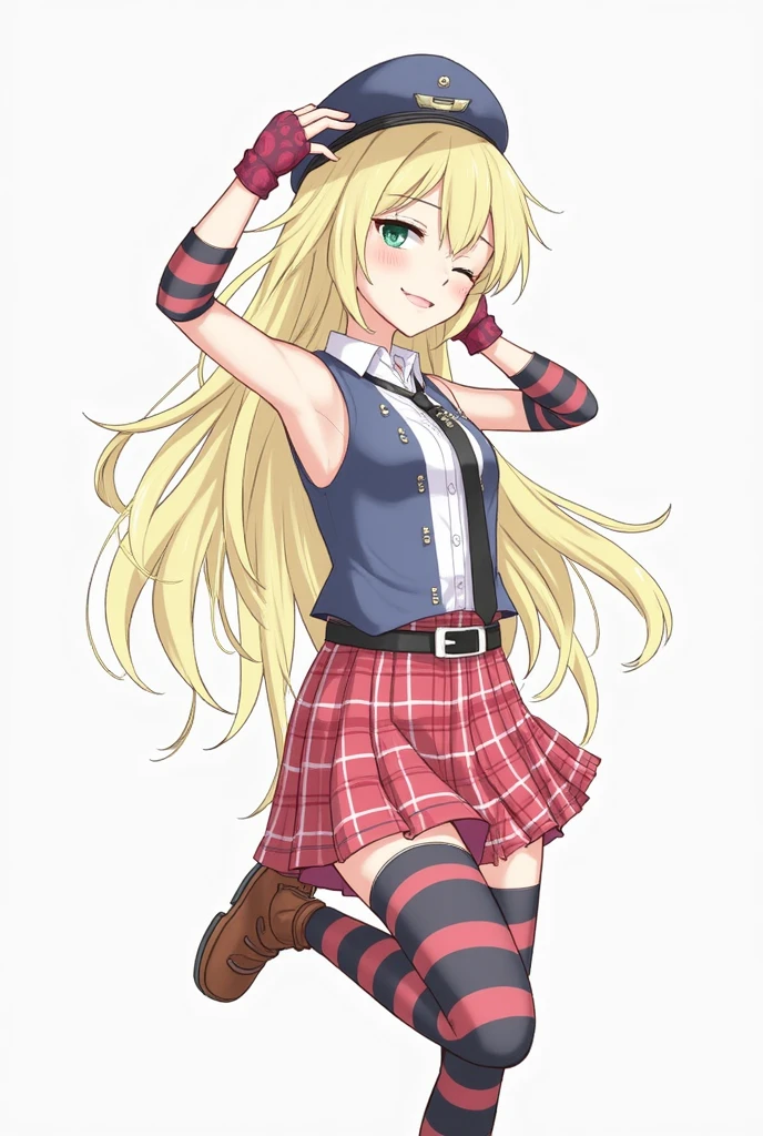 long hair,1girl,hair ornament,twintails,solo,breasts,blue eyes,cleavage,bow,bear hair ornament,necktie,(blonde hair:1.5),smile,bangs,large breasts,looking at viewer,collarbone,shirt,nail polish,(red bow:0.8),black shirt,underwear,bra,skirt,choker,black bra,sleeves rolled up,white necktie,red nails,open mouth,pleated skirt,red skirt,shiny,teeth,medium breasts,miniskirt,shiny hair,school uniform,pink hair,boots,upper teeth only,plaid skirt,blush,knee boots,plaid,black footwear,cross-laced footwear,junko enoshima,jojo pose,junkodg,<lora:JunkoDG:1>,<lora:botw_style_offset:0.8>,