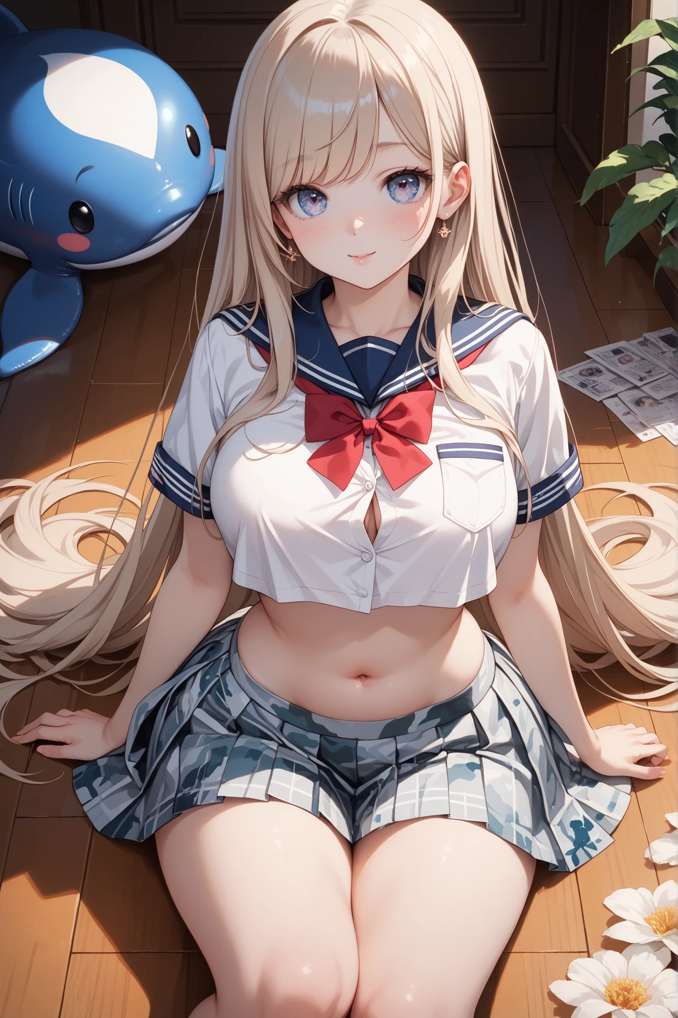(1 woman), (Micro thong), ((under boob)), ((Crop Top shirt)), ((spread legs, one knee up)), (Sailor school uniform only for the upper body), (white short shirt), summer clothes, ((Red Ribbon Tie)), ((sheer white long thigh-high socks)), long thigh high socks, (((long gloves))), masterpiece, Best Quality, High quality, High Definition, Finely detailed, Detailed texture, realistic representation of face, Realistic, Colorful, Ray tracing, (((lighting forward))), ahegao, sad, smile, (((crying))), (drooling), (((steam))), (glowing eyes), (Detailed beautiful delicate face, Detailed beautiful eyes, A perfectly proportioned face, High detailed skin, best ratio four finger and one thumb, (((Glowing white shiny skin))), (oiled skin), (large breasts), ((Smooth texture, Realistic texture, Photorealistic)), ((Green eyes)), (((blonde semi-long hair, ponytail))), (Beautiful face, Cute face, Detailed face), on a bed