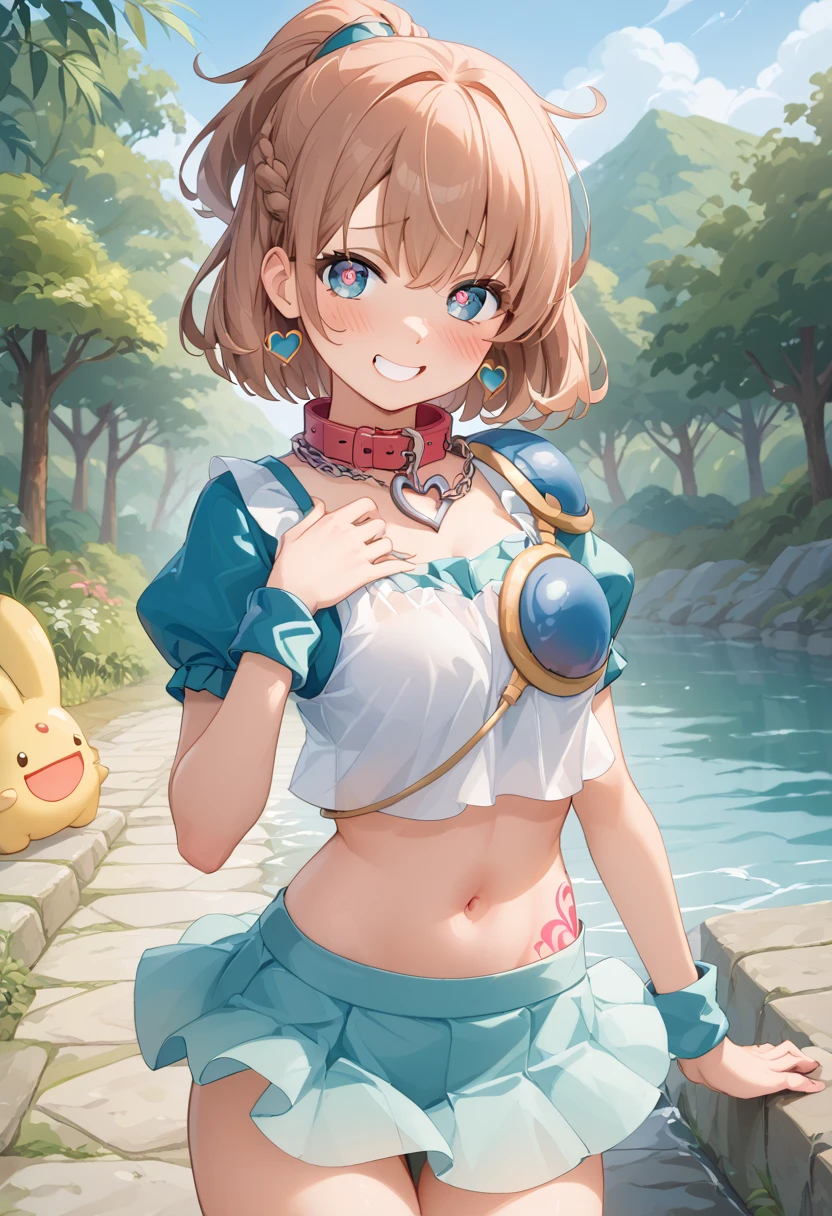 (masterpiece:1.2), (best quality), (ultra detailed), (8k, 4k, intricate), (full-body-shot:1), (highly detailed:1.2), (detailed face:1.2), (detailed background), detailed landscape, ((portrait)), (dynamic pose:1.2) serena, 1girl, ((solo)), breasts, short hair, looking at viewer, smile, open mouth, blue eyes, blonde hair, shirt, ribbon, jewelry, large breasts, skimpy white lingerie, skimpy lace ingerie, clothes with transparencies, visible nipples, visible vagina, nsfw, collarbone, hair ribbon, cowboy shot, hairband, bracelet, red ribbon, hand on hip, index finger raised, poke ball, red hairband, poke ball (basic), bow hairband,