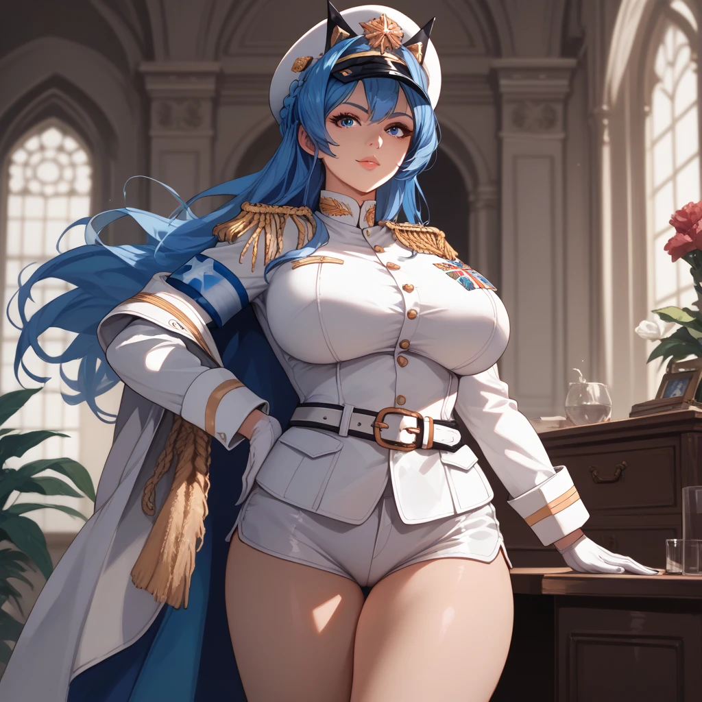 Curly and light blue hair、hime-cut、Girl with golden eyes、View of the crotch from below、flat chest、Thin pubic hair、Beautiful open legs、White military uniform