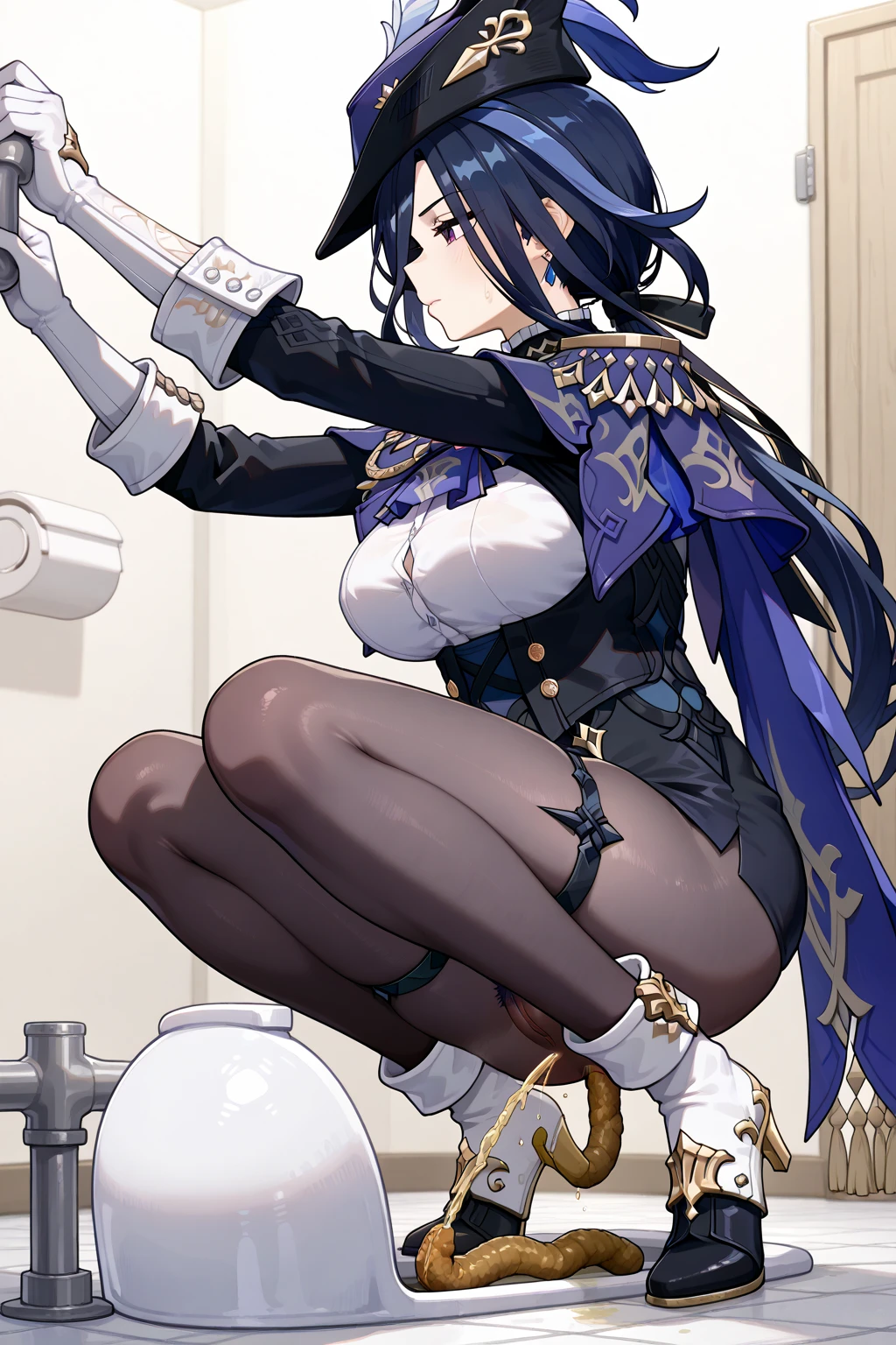 1girl, clorinde \(genshin impact\), genshin impact,living room,lying on a sofa, bondage,gaged,ballgag,rope,hand behind back,masterpiece,very aesthetic,newest,