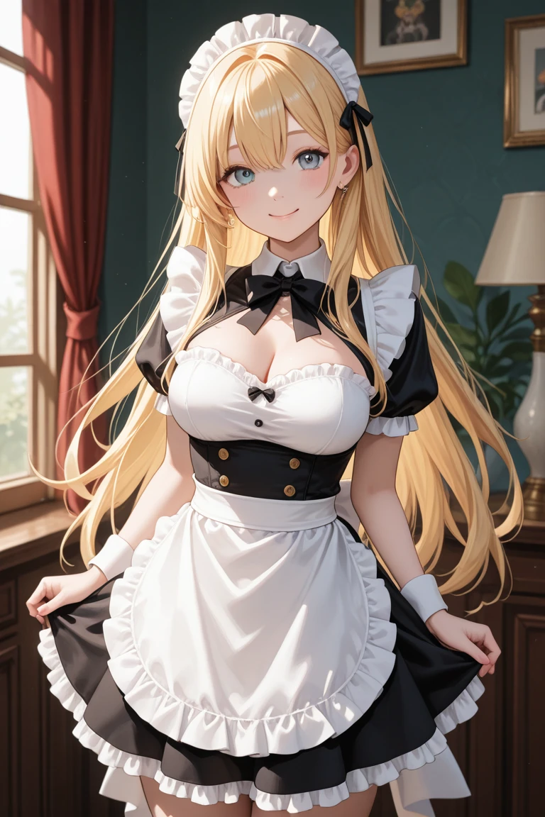 ((masterpiece, best quality)), extremedetailed, Official Art, Unity 8k Wallpaper, maid costume, young beautiful woman, one&#39;s, Perfect face, shiny skin, Shining pupils, Gray Eyes, Silver long straight hair, light blue hairband, extremely detailed eyes, Realistic eyes, daytime, The background is the original forest, Green leaves, riverside, Wooden bridge, Aesthetic, (superior_Body), Detailed background, Bokeh, Depth of Field, layer cut, Holding a long sword