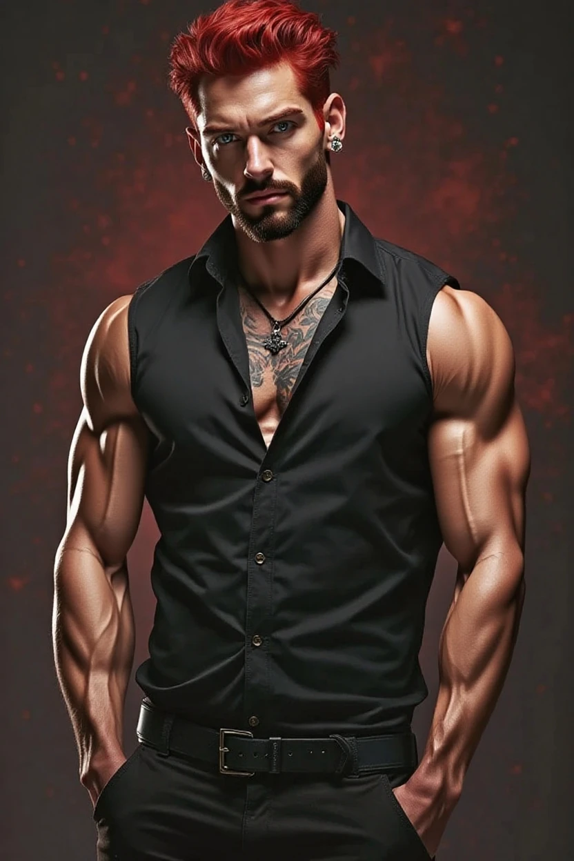 (absurdres, highres, ultra detailed, Ultra HD), a muscular handsome man, (wearing (a red colour open shirt) and pants), (tattooed chest: 1.2), red hair, short hairstyle, detailed face, perfect facial features, smooth skin, beautiful, gorgeous, wet, mature, perfect eyes, sexy gaze, looking at the viewers romantically, large bare chest, largest breast, extremely large pectorals, big nipples, (chest tattoos only), full body view,
