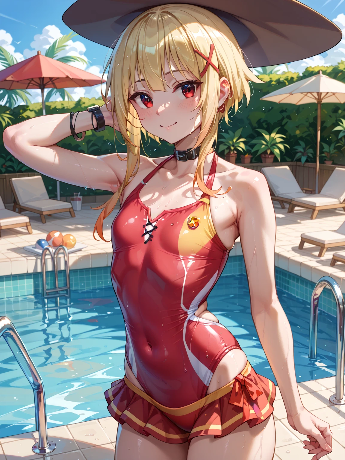 (RED Ribbon on HAIRband:1.2),aikatsu,masterpiece, best quality, ((beautiful detailed eyes):1.3), 10years old, RED eyes, Blonde hair,Straight hair, leg hair ribbon, RED headband,large_boob, ((tight brilliant shiny competition swimsuit:1.2, plunking neckline, plunking navel, cleavage)), ((extremely delicate and beautiful fabric):1.3), looking at viewer, ((gravure pose, crossed arms, under breasts)), seductive_orgasm smile, blush, slender, slim, (indoor pool, pool lane, swimming pool, competition pool, pool starting block, swimming building, water, water surface, daytime, window, sunlight, (in the pool):1.2), very clear, ((masterpiece, best quality, ultra-detailed):1.5), ((an extremely delicate and beautiful)), ((((illustration)))), (realistic:0.6), (extremely detailed skin), ((ultra-detailed:1.35)), (detailed fingers, absurdres, intricate, (1girl), ((solo)), ((glistening skin)), (((oily skin))), ((wet skin)),