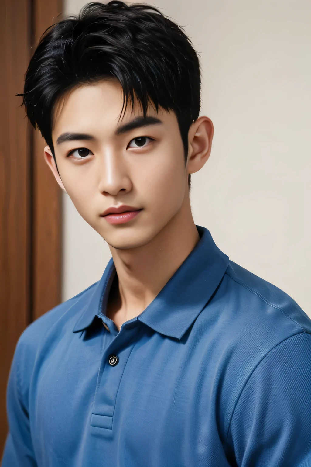 male、Japanese、handsome、 short hair、 facing the front、 blue polo shirt 、fashion model