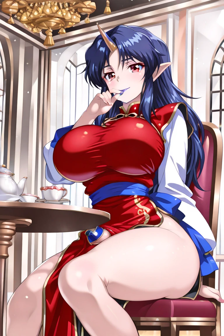 score_9, score_8_up, score_7_up, score_9, BREAK akenohimejimaSDXL, dressed like a teacher, 1girl, solo, long hair, breasts, looking at viewer, smile, open mouth, large breasts, black hair, ribbon, very long hair, , purple eyes, hair ribbon, ponytail, one eye closed, hand on hip, capelet, ;d, index finger raised, himejima akeno, cowboy shot, room background,