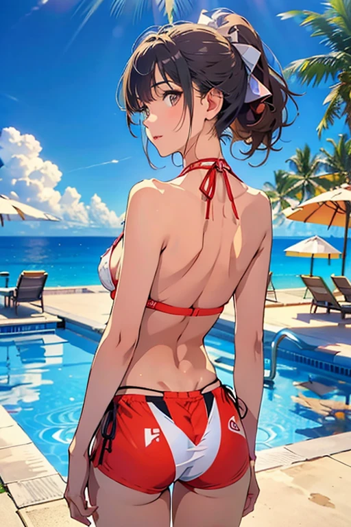 (tmasterpiece, 最好's质量, ultra - detailed, 8k wallpaper, realistically), (from back), 1 girl, Curvy but slender, 巨大's, curlies, shairband, bangle, printed colorful micro bikini, Santorini Beach, raise both arms, comparing, 's, 自然柔和's光线, skylines, natta