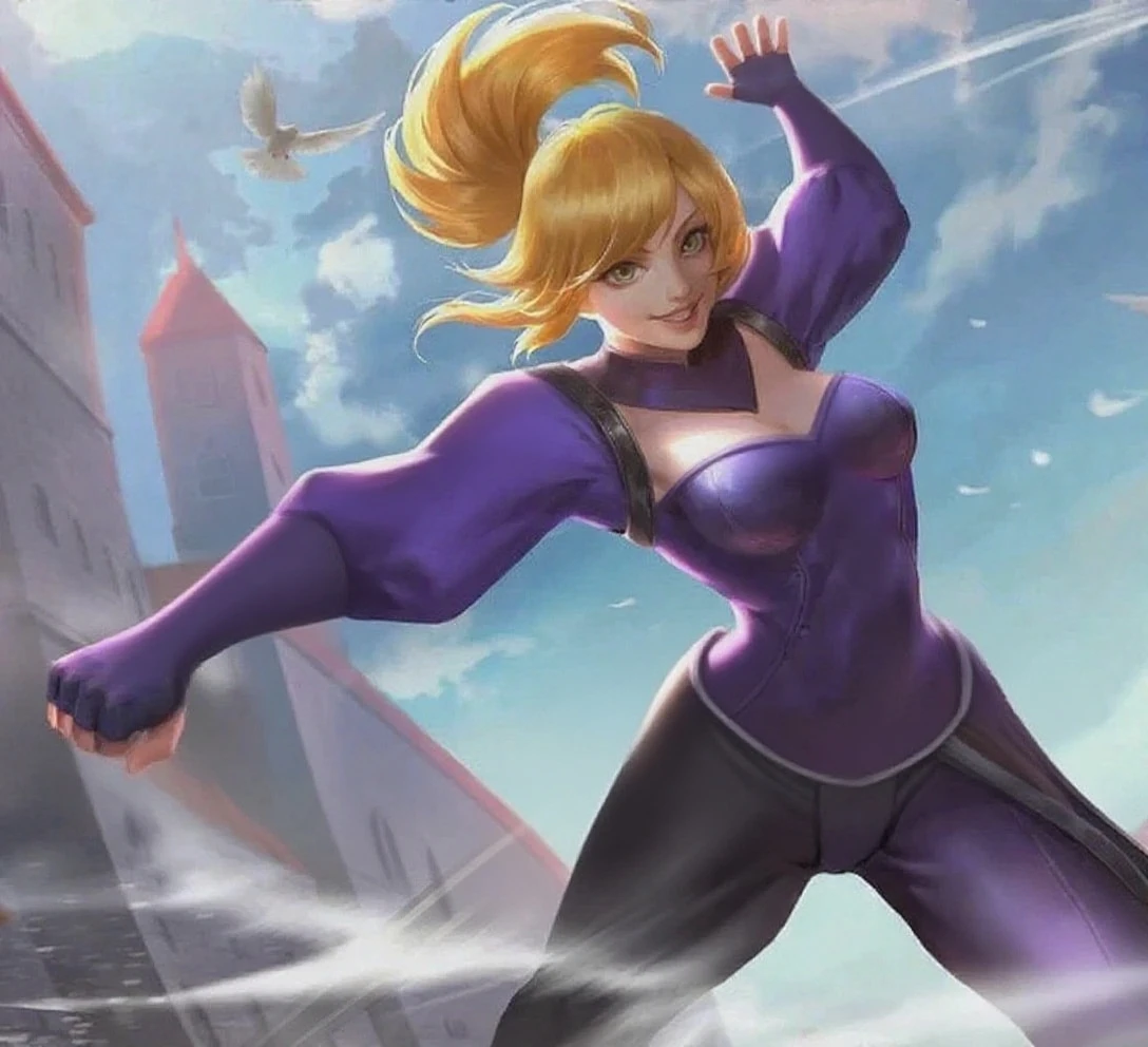 Nina has blue eyes and blonde hair tied in a ponytail. outfit consists of a skin tight purple and black outfit with a yellow sash around her waist. The outfit is sleeveless and the bottoms are tight leggings. The outfit is accessorized with a black cuff around her ankle and black armbands around her wrists. She has a red hair band, and her nails and lipstick are also red. She fights barefoot, revealing her to have red toenail polish on. SPARKLE; GLITTER