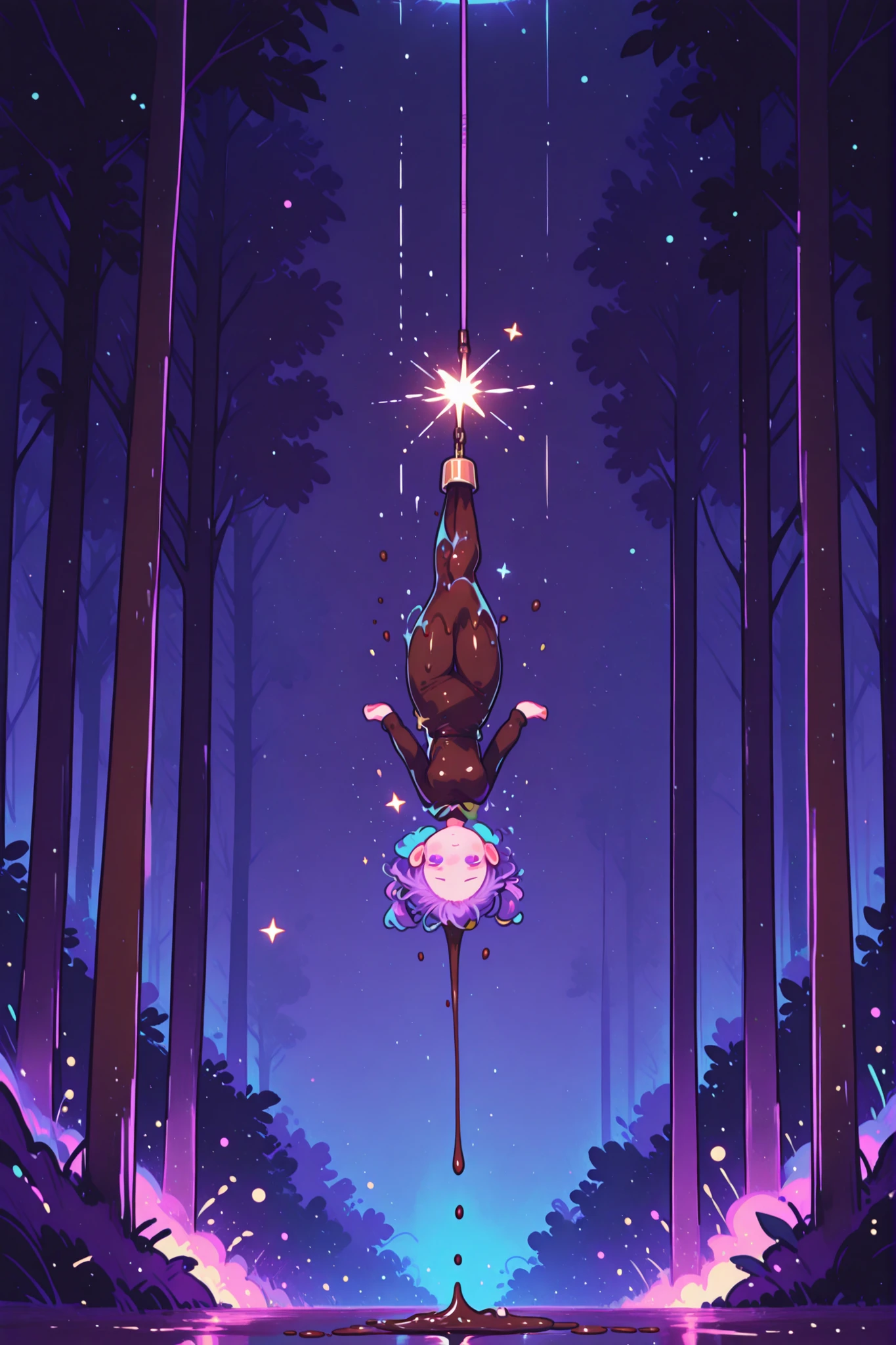 「Cocoa Trap」。Chocolate Day, 一口でFalling, 甘くてPoisonousキャラを描こう。High Quality,4K, 8K, Ultra-precise, super realistic, bungee jump like the picture, Studio Lighting, extreme details,Professional, bright colors, Of the bokeh effect, Chocolate Day, Poisonous, sweet, Falling, Girl, Beautiful Face, sad expression, Manners , Supple, bewitching, charming, The background is dense forest, Moonlight Shines In, mystical atmosphere, fantastic, Magical