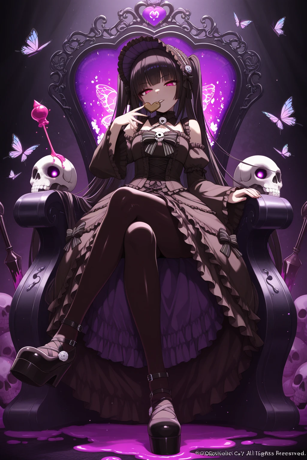 Black Hair、Black Feather、Gothic punk dress、Legs sticking out,Sit on a chair, Crossing your legs、Throne,anime zombie witch design, Crossbones, skull, Streetwear Design, Provector, Horror Style, Full Design, Only 6 colors, Solid Colors, No Shadow, Full Design, Stickers, Bright colors, White Background.Ultra-fine illustrations,(((Beautiful fine hair))),(((Beautiful Faces))),(((Beautiful background))),(((Beautiful fine hair))),(((Beautiful Faces))),(((Beautiful background)))、Black Hair、Blunt bangs,Undershot