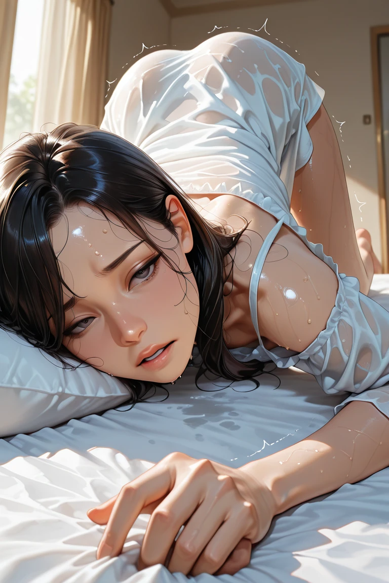 perfect face, lying in bed and sleeping, take off all clothes, rainy window, Rainy night, eyes closed, bare-breasted, Dressed in underwear