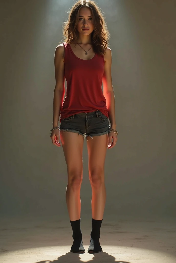 ((Top Quality)), ((Excellent)), (Details), A woman with short dark brown hair in a bob cut wearing a short black camisole that hangs down to her shoulders like a corset. A stunning 20-year-old beauty with a model-like figure, big breasts, a nice ass and beautiful legs stands smiling over the face of a man lying on the floor, wrapped in full body bandages and erect, She is wearing a short red skirt, beige pantyhose and black lace panties. She has black stiletto heels on both feet. , Live-action photography, Humanoid, Stiletto heels, Blood, Gore, 8K, Crushed (((Crushed eye sockets)) Feet, gruesome, penetrant flesh