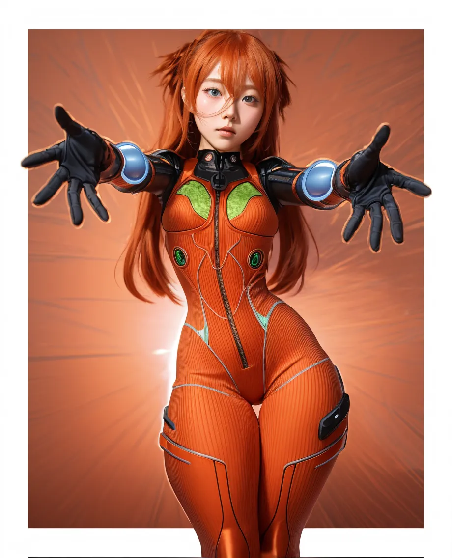 A dynamic image of a female character in a futuristic setting, inspired by Asuka Langley Soryu from Neon Genesis Evangelion. The character is depicted in a mid-leap pose, wearing a sleek, form-fitting red and black plug suit with mechanical and high-tech details. She has long, flowing orange hair tied in pigtails, accentuated by her determined expression. The background is a simple, dark, gradient backdrop, emphasizing her action pose and the glossy texture of her suit. The lighting highlights her form and the reflective surfaces of her outfit, adding a sense of realism and depth