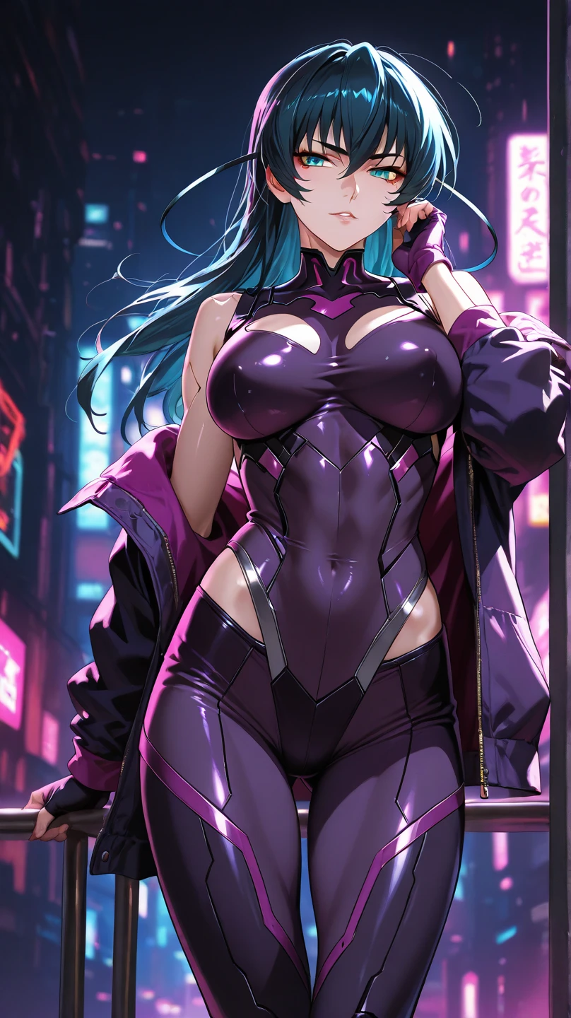 (masterpiece, highres, best quality:1.3), professional artwork, 8K, highly detailed, intricate, vibrant image, sharp focus, trending on pixiv
AishwaryaRay, solo, mature female, 40yo, milf, curvy, (dark skinned female:1.2), (dark skin:1.1), posing, night_sky, city lights, smiling, looking at viewer,
purple hair, long hair, ponytail, (hair over one eye:0.8), circlet, purple lips, makeup, green eyes, hoop earrings, perfect eyes, perfect face, ultra detailed hair, detailed face,
, (helloutfit:1.1), underboob, elbow gloves, thigh boots, highleg panties, bare shoulders, curvy, midriff, gigantic breasts, night, night sky, rooftop, skyscraper