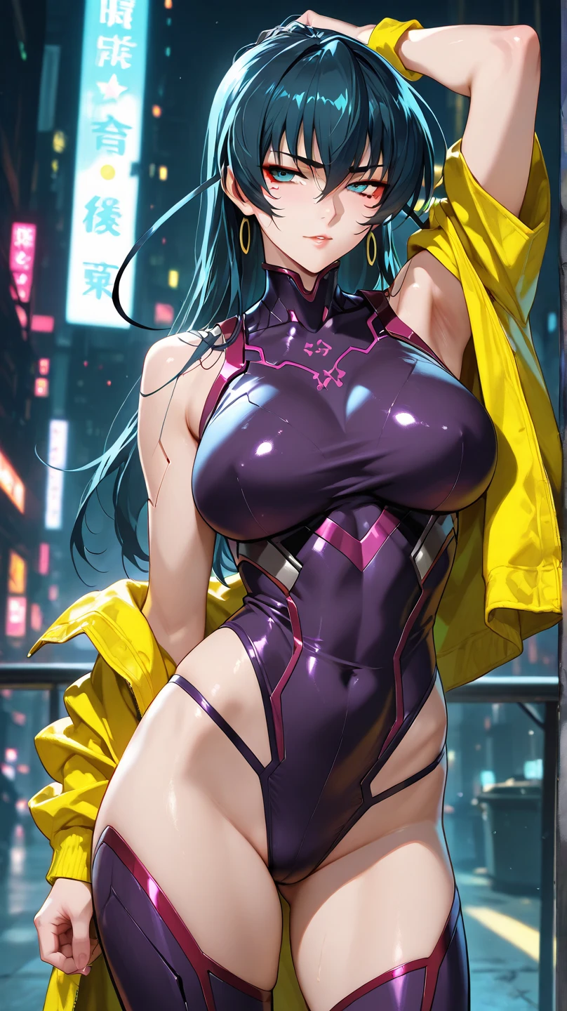 (upper body shot:1.1, close up, anime style, sfw), high quality, best quality, masterpiece, bright blue detailed eyes, cinematic rearview of sexy Misato Katsuragi posing dynamically, black long hair, looking up at a cyberpunk neo tokyo well lit highrise building, filled with neon signs, (perfect medium sagging breasts), well lit by red neon lights, ((see-through, see-through breasts)), ponytail, ((transparent translucid)), bare thighs