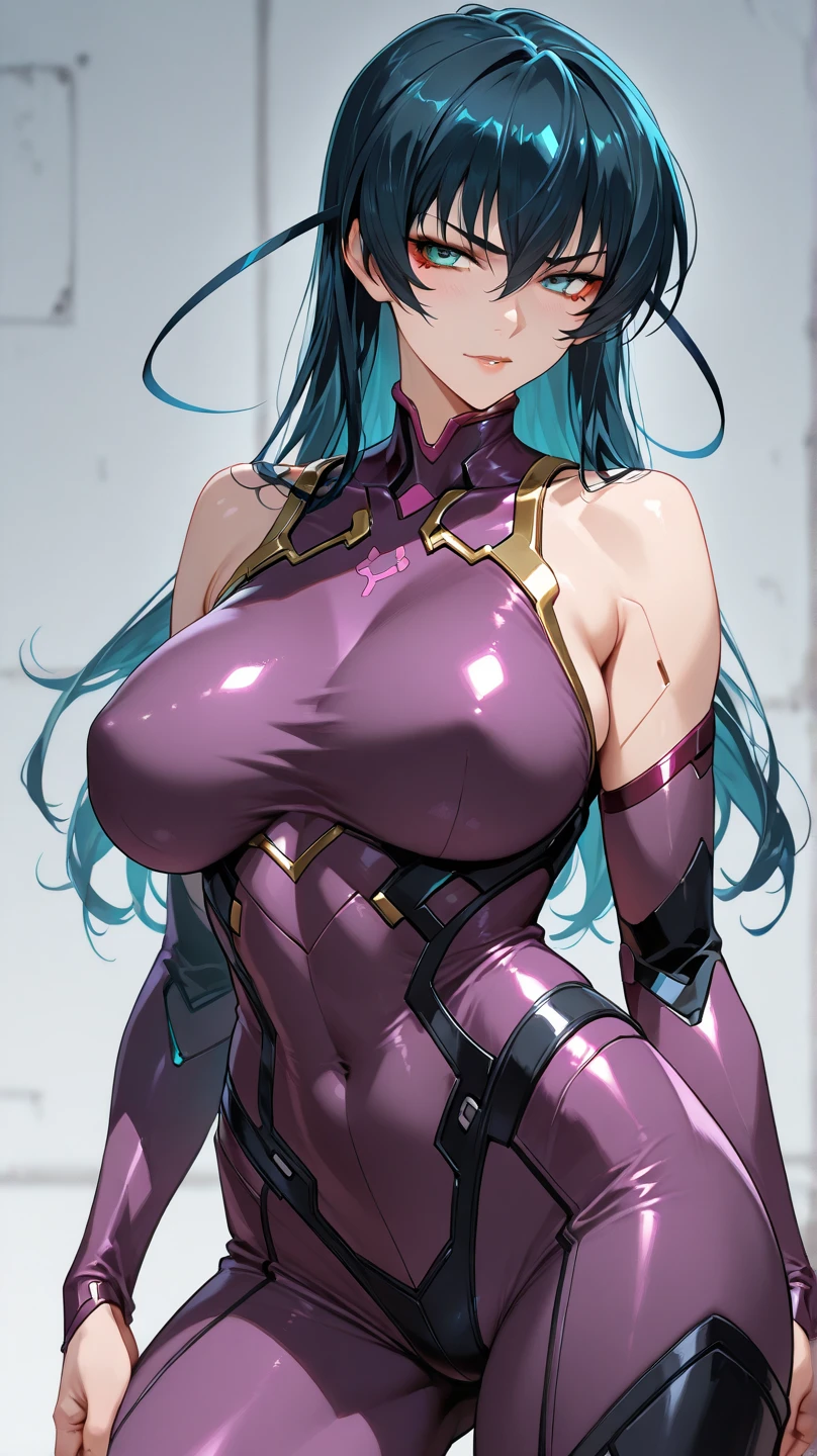 Blue eyes detail standing alone, stick to body ((Muscle Girl)) Fit body，Huge breasts，blue eyes，thick purple hair，Thick fair skin, Wearing a crown, Technology White Coat，（（Crazy breast swelling））