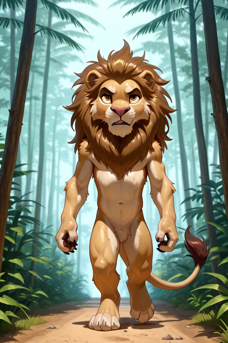 ultra-detailed, masterpiece, masterwork, high quality, best quality, hdr, (nature), , male, solo, lion, (()), (little body lion), (long hair, yellow eyes), squatting, dynamic angle, (, perfect ), public hair
