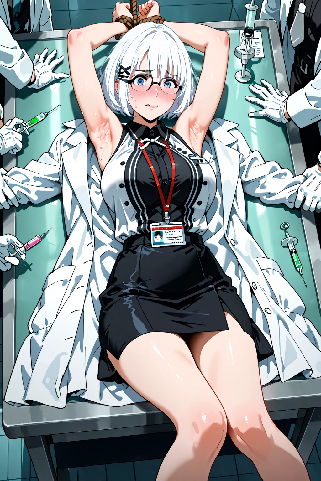 score_9, score_8_up, source_anime, 1girl, solo,(masterpiece, best quality, detailed), 1girl, solo, looking at viewer, green hair, ponytail, glasses, brown eyes, scientist, labcoat,.(bound wirsts), (arms behind back), (tapegag, tape gag), dramatic,  (looking at viewer), (detailed pupils:1.3), ,red rope, thick rope,normal breast,full body 