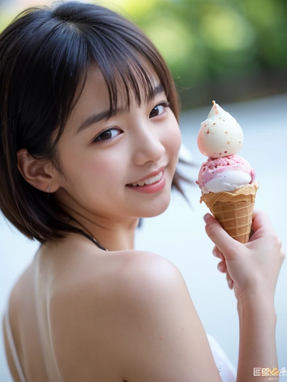 Mix 4, (8k, Live Shooting, Highest quality, masterpiece: 1.2), (Real, Photorealistic: 1.37), 一人のgirl, cute, night, rain, Wetty, Professional Lighting, Photon Mapping, Radio City, Physically Based Rendering, Gradient black hair, Gray Hair, Short Curly Hair, good looking, girl, Highest quality写真, High resolution, 1080P, (Clear Face), (Detailed face description), (Detailed hand description), (masterpiece), (Exquisite CG)、Extreme light and shadow、Disheveled Hair、Masterwork、Rich details、(Fine facial features)、(Highest qualityの写真)、(Masterpiece)、(Detailed eyes)、Look in front of you、Detailed clavicle、((Mid-breasted))、Nipple erection、Sexy、Lady、Clear、Smooth Hair、No shine on clothes、I'm eating soft-serve ice cream、The soft serve ice cream melted、Ice cream dripping down her boobs、Licking a soft serve ice cream、