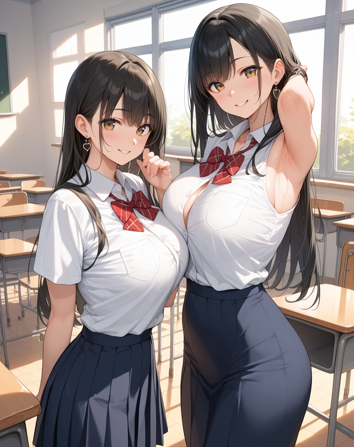 highest quality、High resolution、detailed background、beautiful and detailed face、beautiful and smooth skin、skin texture、Beautiful teenage girl、(3 women)、(huge breasts:1.2)、sexy panties、sailor suit、white sailor collar、sleeveless、plaid pleated mini skirt、ponytail、knee high socks、
((When I was changing clothes in the classroom, I was in my underwear..、take off clothes))、emphasize the chest、emphasize cleavage、legs open、big ass、smile playfully、laughter、smile、sexual expression、panty shot、panty shot、Bra that emphasizes sheerness、cute、camel toe