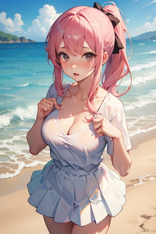 (Masterpiece, BestQuality:1.3), (ultra detailed:1.2), (hyperrealistic:1.3), (RAW photo:1.2), High detail RAW color photo, professional photograph, (Photorealistic:1.4), (realistic:1.4), (Pink Hair:1.5), professional lighting, perfect anatomy, (Big Breasts:1.2), (blush, detailed face), (A happy smile:1.7), sexly, erotic sexly, Random sexy gravure poses, (White swimsuit with red pareo、The background is the beach、The wet swimsuit clings to the body and becomes transparent.、Sitting on the sand at the edge of the ocean。:1.3)
