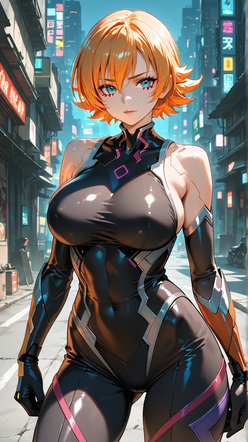 Sakura Igawa、Demon Shinobi、top-quality、supreme1People Girls,hightquality,, ((masuter piece)), ((High resolution)), ((Best Quality)), detail, (A smile.Very happy,Sensitivity 3000 times), ((Shiny skin)), Show off your cleavage、(Bodysuits:1.2)、girl with, ((Colossal tits、a blond、a short bob))、((Rooftop at night))