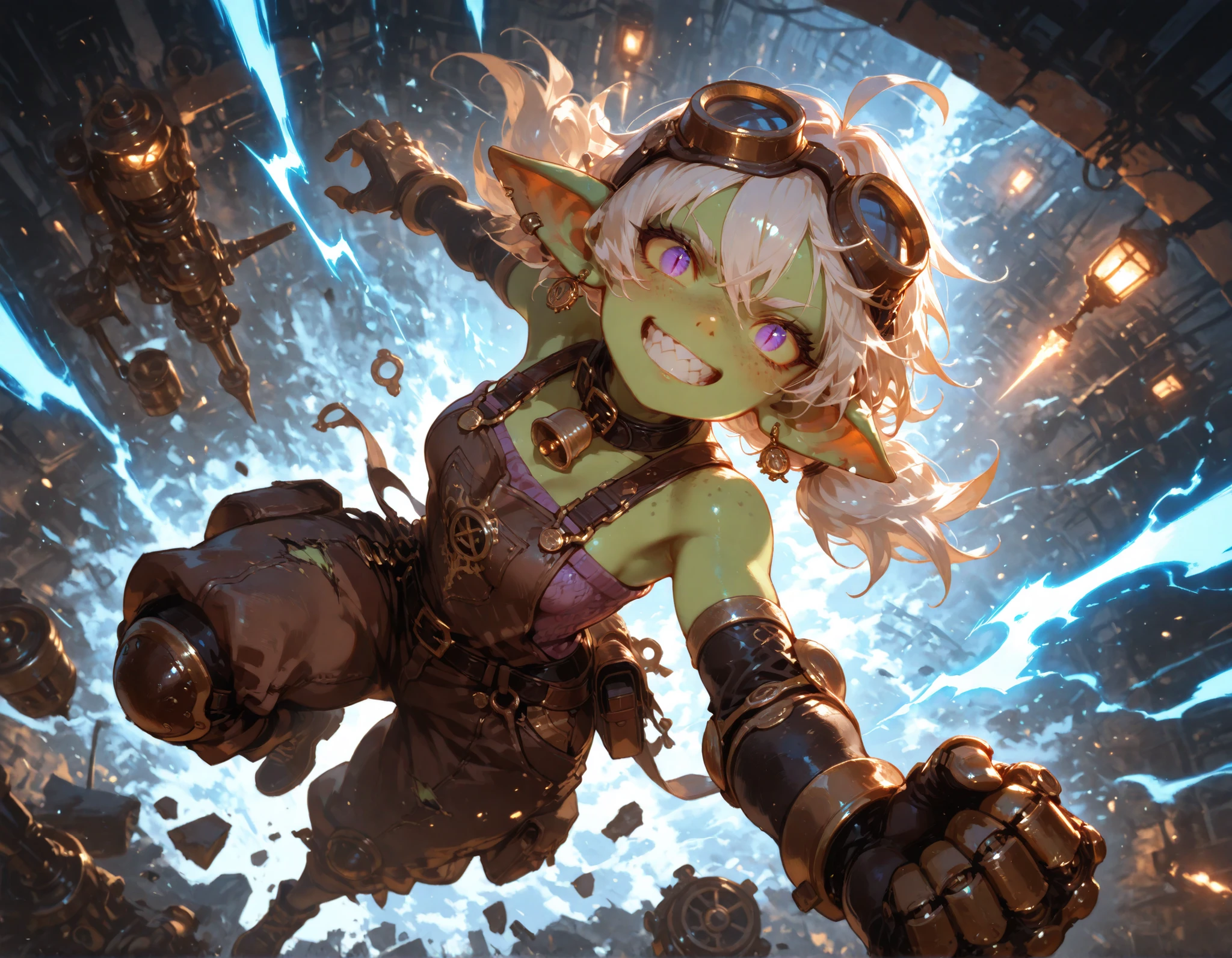Ray tracing,{Best quality}, {{Masterpiece}}, {A high resolution}, Original, Extremely detailed 8k wallpaper, {An extremely delicate and beautiful}, realistic hand, one girl, good body proportions, cowboy shot, blush, Extremely detailed face, Extremely detailed body, Extremely detailed hands, Extremely detailed eyes, beatiful eyes, Extremely detailed background, high quality background, BriarLoL, female goblin, (green skin), open mouth, showing teeth