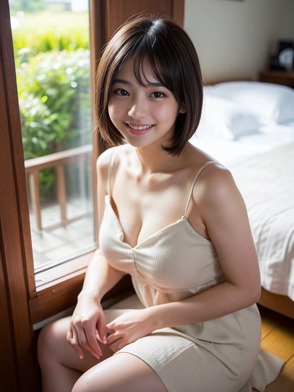 Highest quality、8k、masterpiece、Ultra-high resolution、クリアなphotograph、リアルなphotograph、Realistic、Professional Lighting、photograph、(Very cute girl、beautiful girl)、smile、Very short hair、Brown Hair、Ultra slim、Slender body、Slender body、(Small breasts、Flat Chest:1.6)、Large erect nipples、Tight waist、(Please wear a white blouse、(Unbutton your blouse))、全身photographを撮る)、Bedroom with morning sun streaming in、(Sit on the bed:1.6、White sheets、(Peeking into cleavage、Her cleavage is visible)、Warm lighting)、(真上からphotograph)