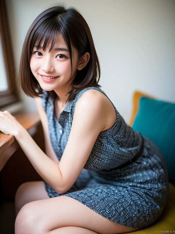 One girl,summer,Inside the room,sofa,Sit down,Black Hair,Short Bob,Dark blue tank top,skirt,smile,6th grade elementary school,Innocent,front,delicate,Look here,transparent,  Soft Light,(masterpiece, Highest quality), Structure of the film, Like a movie