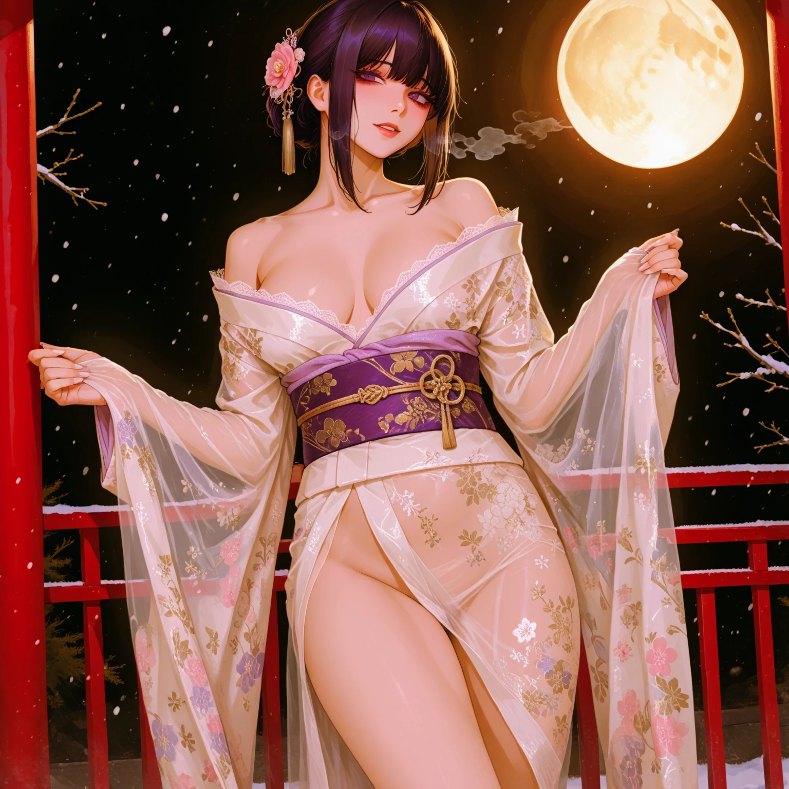 One Girl、Has pink and black hair、Hair Bun、Large Breasts、topless、No clothes、Full nudity,Big butt、Cleavage、Japanese anime style,By the pool、Night Scenery、Beautiful fireworks in the night sky、