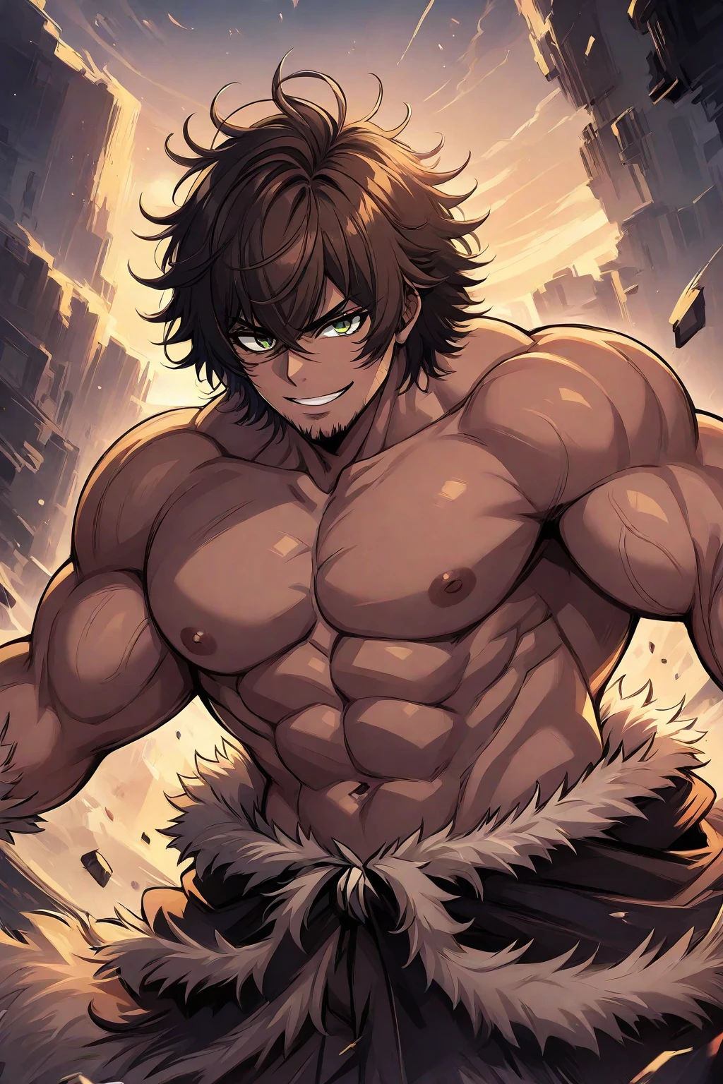 ((handsome men)), ((yellow eyes)), ((brown hair)), ((ninja)), ((dark skin)), ((serious expression)), ((shinobi clothing)), ((muscular male), ((shirtless)), ((topless)), ((body full of huge muscles)) (((complementary colors))), ((mature male)), 1boy, beautifully drawn, high resolution illustration, best quality, High definition, ((detailed anime sketch)), Masterpiece, (solo), absurdres, portrait, ((upper body)), ((wild hair)), detailed background, fine detail, male focus, HDR, ((short hair))