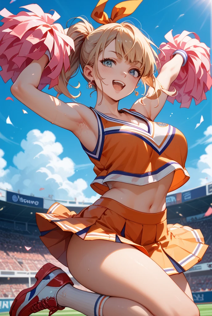 ((1girl:1.3)), ((moe style:1.3)), ((cheerleader:1.3)), ((jumping high:1.3)), ((large breasts:1.3)), ((centerfold:1.3)), ((extremely feminine:1.3)), perfect hands, ((perfect face)), ((extremely cute:1.3)), ((masterpiece)), ((8k)), ((best quality)), ((beautiful)), ((extremely detailed:1.3)) , ((absurdres)), AddXL, ((score_9:1.3)), ((score_8_up:1.3)), ((score_7_up:1.3)),
