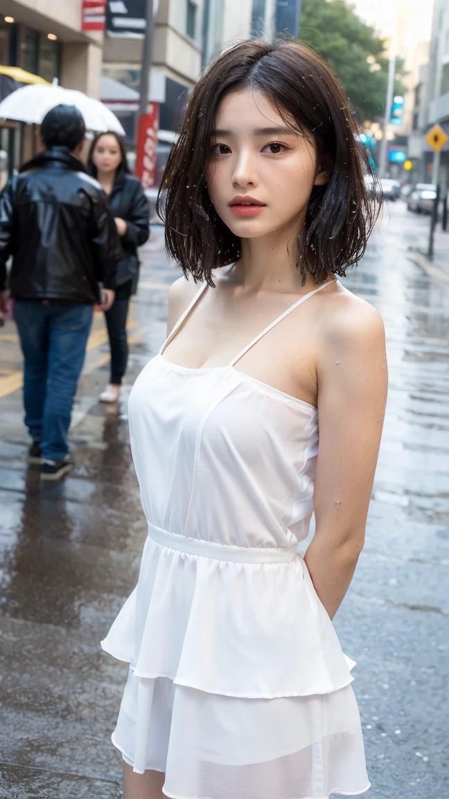 ((Best Quality, 8K, Masterpiece:1.3)), Focus: 1.2, Perfect Body Beauty: 1.4, Buttocks: 1.2, ((Layered Haircut, Breasts: 1.2)), (Wet Clothes: 1.1) , (Rain, Street:1.3), Bandeau Dress: 1.1, Highly Detailed Face and Skin Texture, Delicate Eyes, Double Eyelids, Whitened Skin, Long Hair