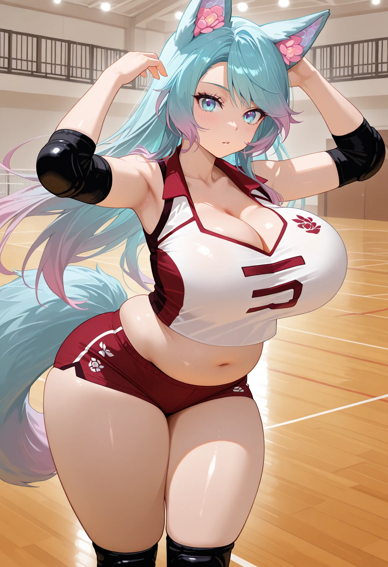 1 girl，cabelos preto e longos，gymnastic suit，Extremely huge，Inside the stadium，sweat profusely，I can see my nether regions