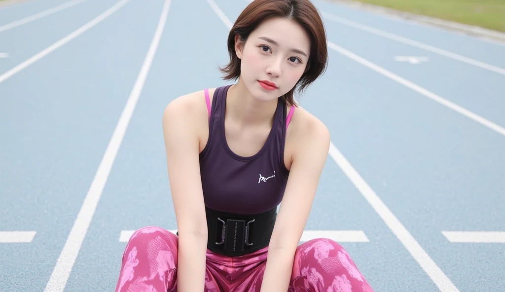 best quality, 1 girl, athletic outfit, fit body, ponytail, sporty, running on a track, dynamic pose, daylight