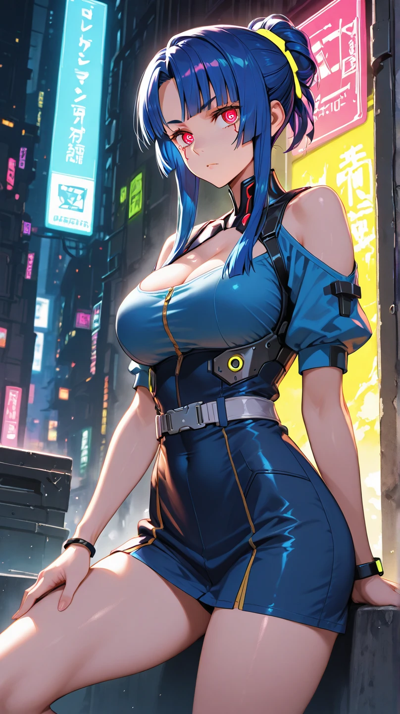 (a girl, blue hair, big breasts), illustrations, vibrant colors, detailed clothing, realistic lighting, high resolution, lively scene, confident expression, anime style, school setting, colorful background, dynamic pose, professional artwork