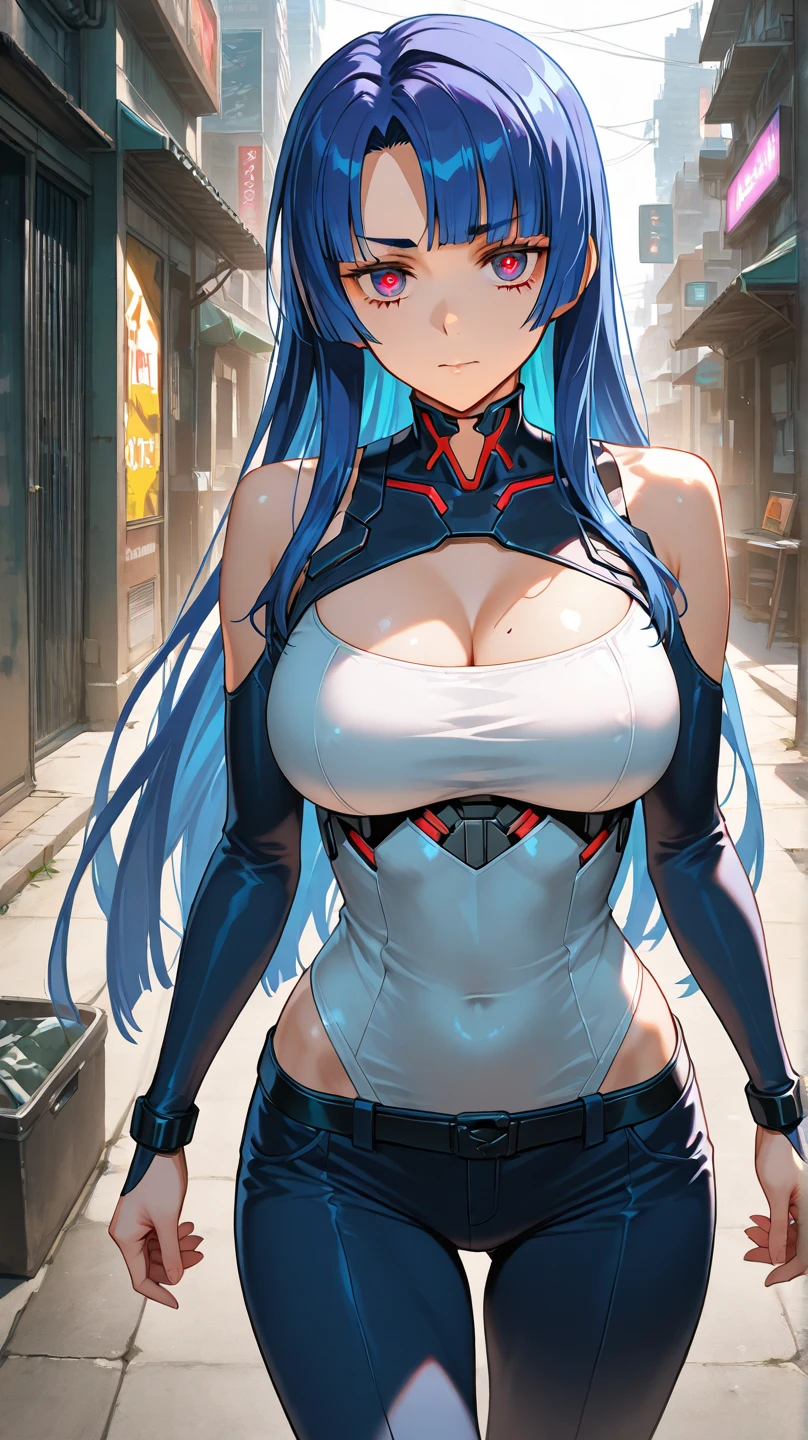 High resolution, One girl, chest, Blue Hair/Light blue hair, Cowboy Shot, 大きなchest, Red eyes, 大きなchest, Earrings, smile, smiling, 8k octane, High resolution, masterpiece, High detail, High-resolution model, high quality, Textured skin, Action Painting,