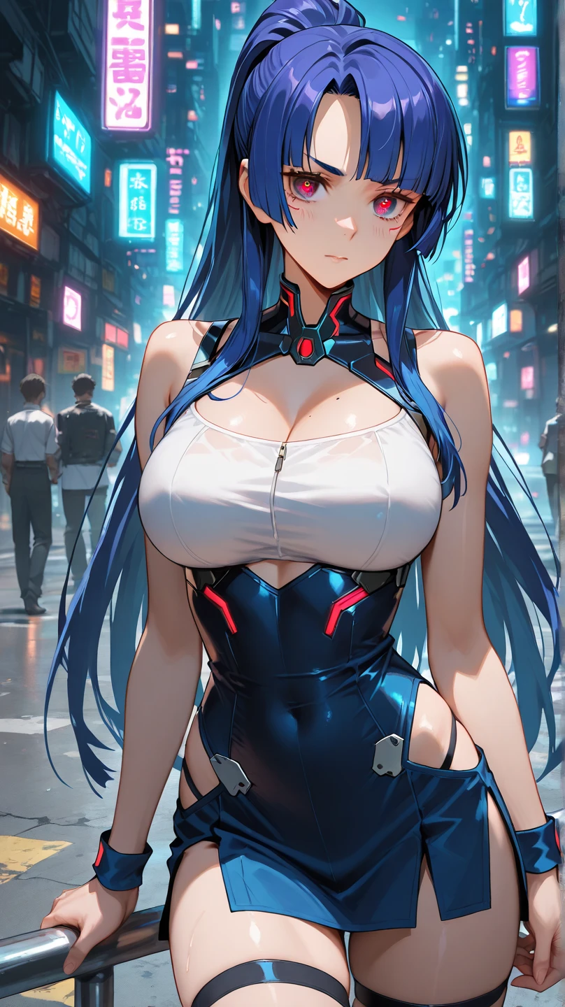 masterpiece, best quality, very aesthetic, absurdres, newest, showing a pregnancy test, 1girl, (close-up of face:1.2), blush,smile,grin,,cang_yue_(tou_xing_jiuyue_tian), bandage_over_one_eye, bandaged_chest, bandaged_fingers, bandaged_hand, bandaged_head, bandaged_neck, bandaged_thighs,bandaged_pants, bandages cover body, blue_hair, breasts, cleavage, expressionless, floating_hair,long_hair, naked_bandage, one_eye_covered, bare_foot,Cyberpunk City, Street, Night, neon light, neon sign,