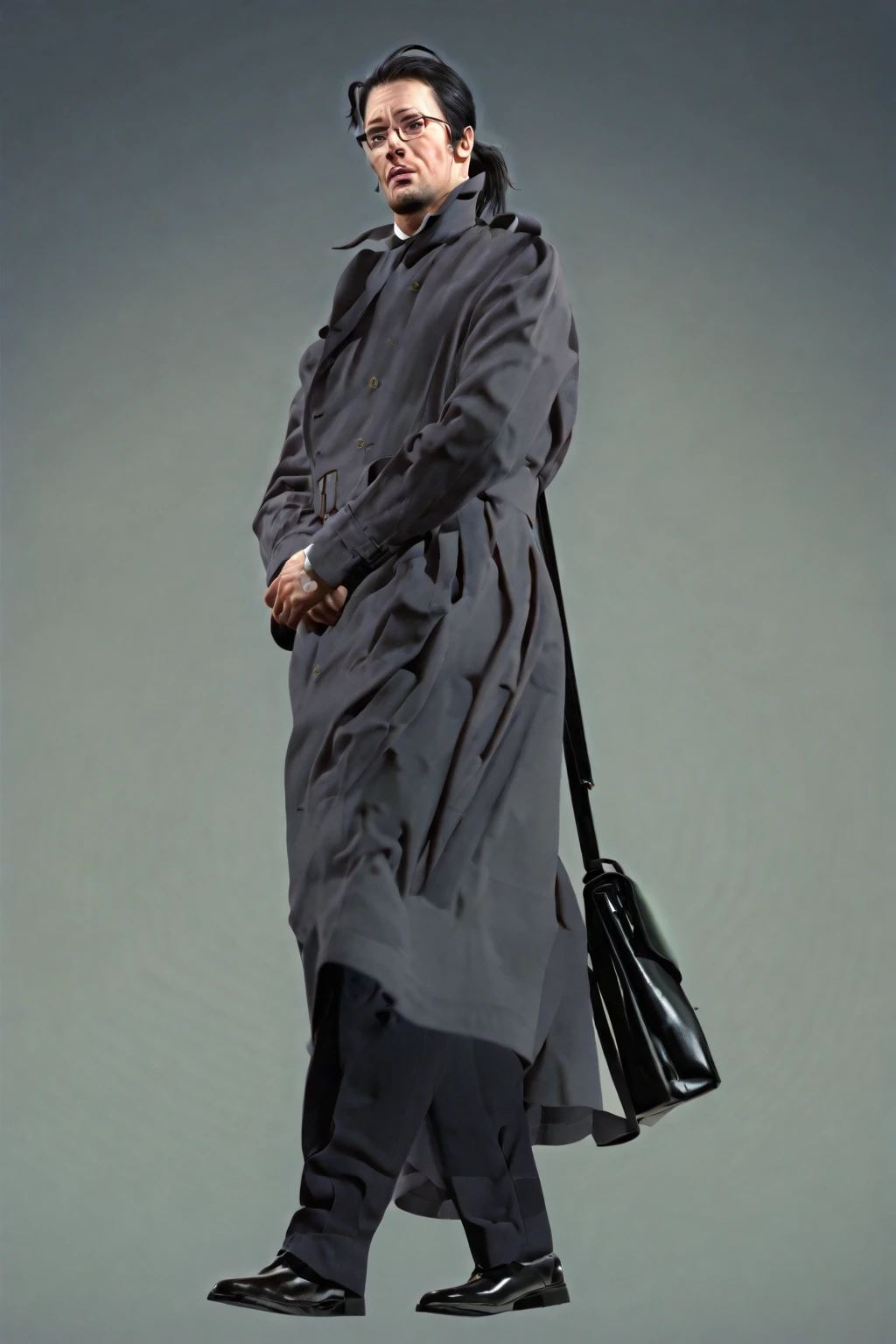 black eyes, beard, ,sherlock_holmes, black hair, short hair, ponytail, ahoge , shy old man、black trench coat、wearing glasses、Suit、50th Generation、black hair long hair、I'm tying my hair at the back、black square case、Black leather shoes、Shoulder length hair,solo、Anime、Around 50 years old、solo、beard、Black Bag、outside、1人でoutsideに立っている、片手にBlack Bagを持っている