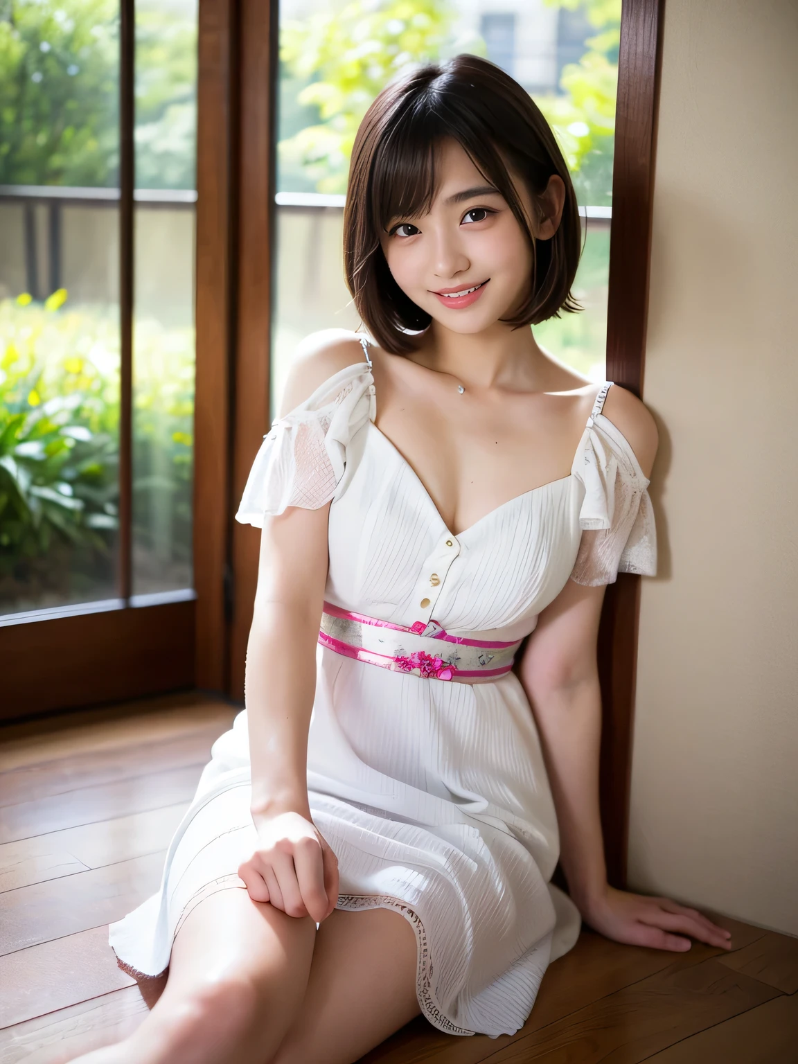 Best-quality, Masterpiece, Ultra-High-Resolution, (Photorealistic:1.4), Raw-Photo,
from above, front view, at bedroom,
1girl, the most famous Japanese idol, ((leaning forward, hands on knee)),
(wearing (white blouse with big-frilled, extremely loose blouse with wide-neckline)),
the most cute face, the most cute big-eyes, the most cute hairstyle, the most cute long-eyelashes, the most cute lips, the most beautiful skins, extremely childish body,
looking at viewer, innocent-smile