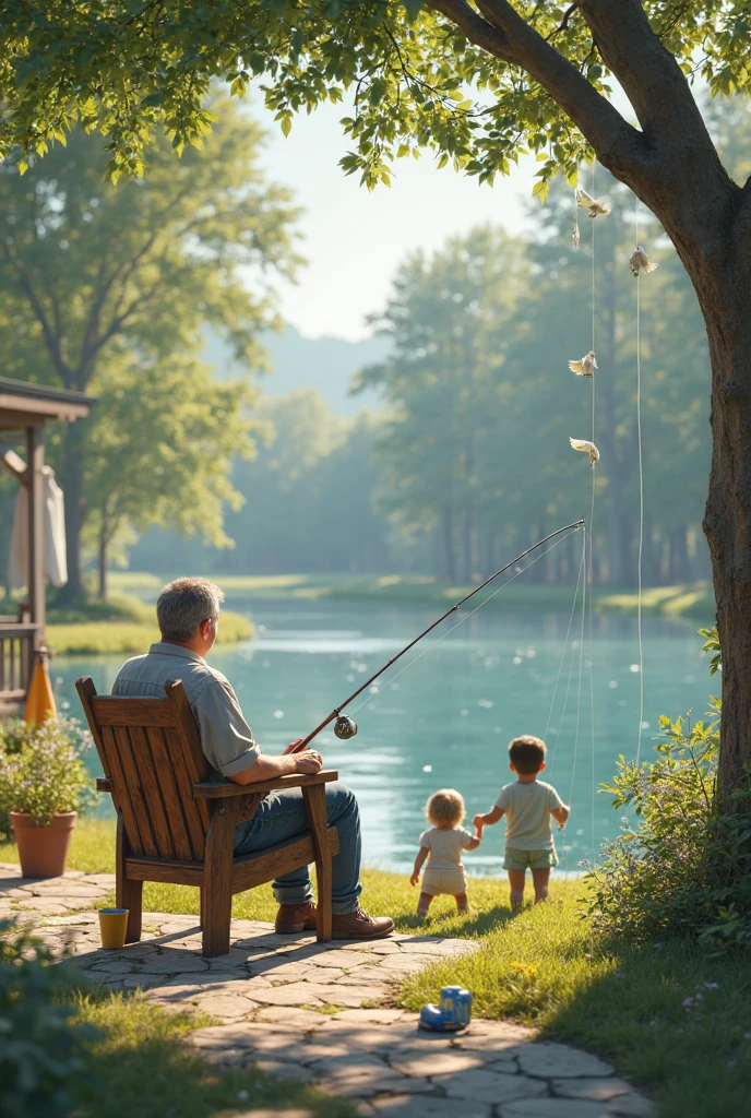 A stunning acrylic painting captures the essence of a heartwarming father-son moment by the river. The Indonesian father triumphantly yanked his fishing rod with freshwater fish dangles on the tip of fishing rod, one leg kicked up in excitement, wearing a tattered brown shirt and grey pants. Beside him, his beaming young son, dressed in a red tank top and black shorts, claps his hands above his head looking at the fish. The idyllic riverbank is surrounded by tall grass and trees, with crystal clear water reflecting the vibrant colors of the scene. Cumulus clouds drift above, casting a gentle light, while butterflies flutter, adding a touch of whimsy. The visible brushstrokes lend a dynamic and textured appearance, immortalizing this cherished moment spent in nature.