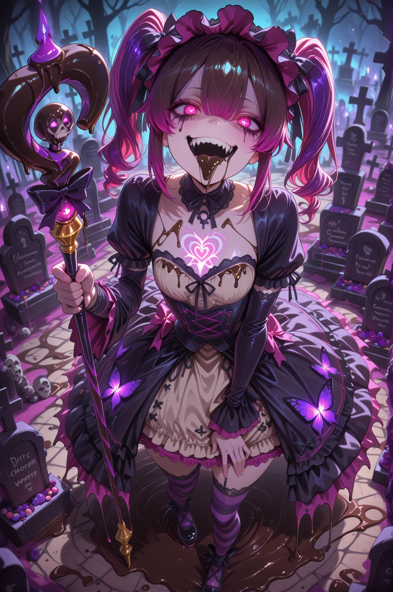 official art, unity 8k wallpaper, ultra detailed, beautiful and aesthetic, High quality, beautiful, masterpiece, best quality, (zentangle, mandala, tangle, entangle:0.6), low contrast, a cute girl serving cake to demons, pink, bright pastel colors, kawaii, (horror), eerie, rabbit skull, goat skull, in hell, creepy, demons, claws, best lighting --auto --s2