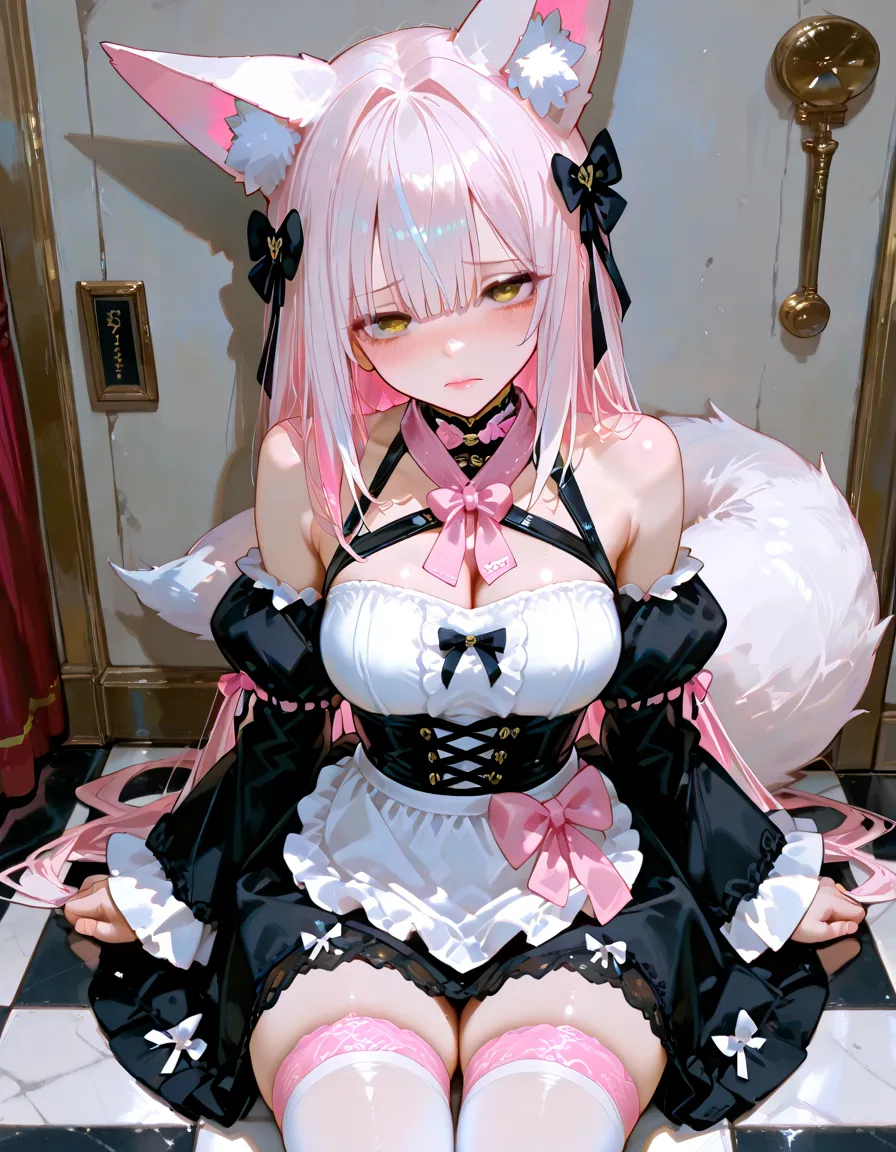 purple eyes,maid,maid,pantimedias,pink hair