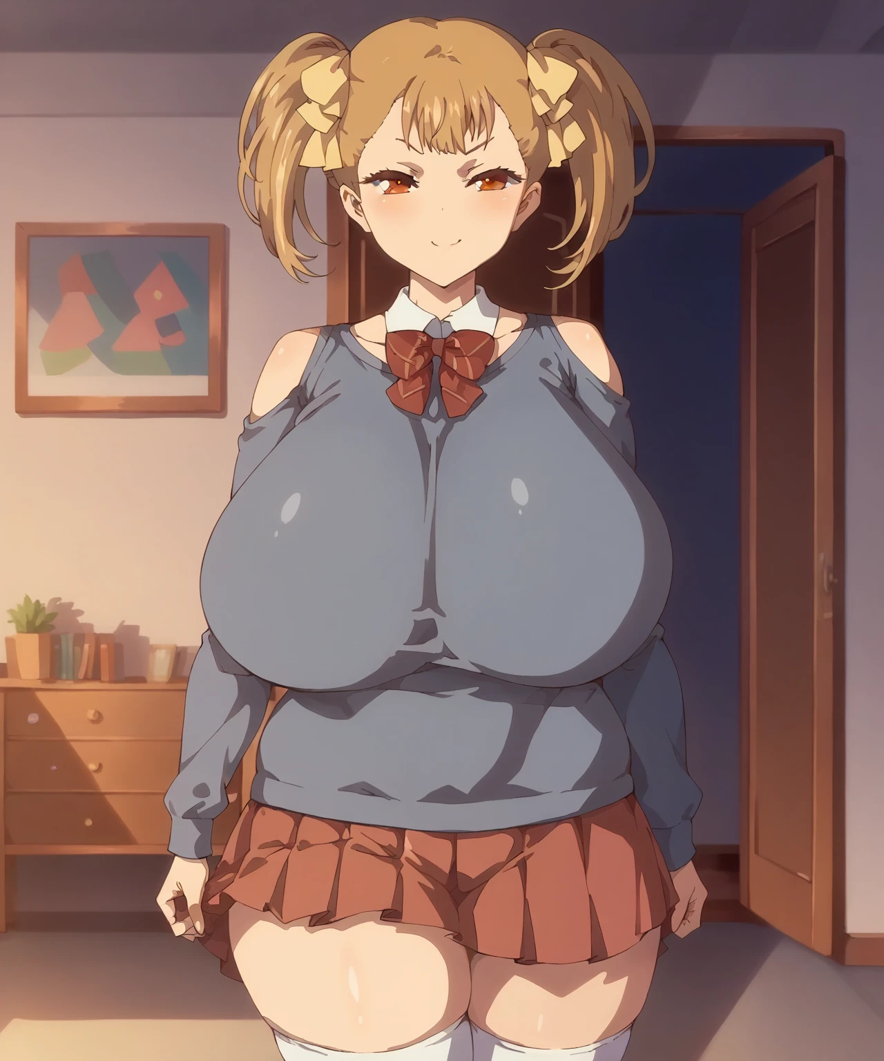 nsfw++,clothed sex, masterpiece, best quality, high quality, illustration, film grain, (perfect female proportion lush, milf, voluptuous breast)++, beautiful detailed eyes, breast enhancement, toned female, glamorous perfect female proportion, slutty gyaru bimbo milf anime girl in a skirt and bow tie posing for a picture, oppai, anime , hyperdetailed anime , a cartoon, Gyaru Makeup, Gal,Agejo gal, Mamba gal, Bimbo, huge breast, thick thighs, narrow waist, a milf with a large breasts, oppai proportions, big breasts!!, big breasts!, puffy_nippels, bouncing_breasts, areolae, shiny_skin, choker, red_lipstick thicc, with large breasts, dark skin, blonde hair, green_eyes, short hair, chubby, voluptous, marin kitagawa fanart, (nsfw) no safe for work, fully - clothed!!!, casually dressed, in paris background,