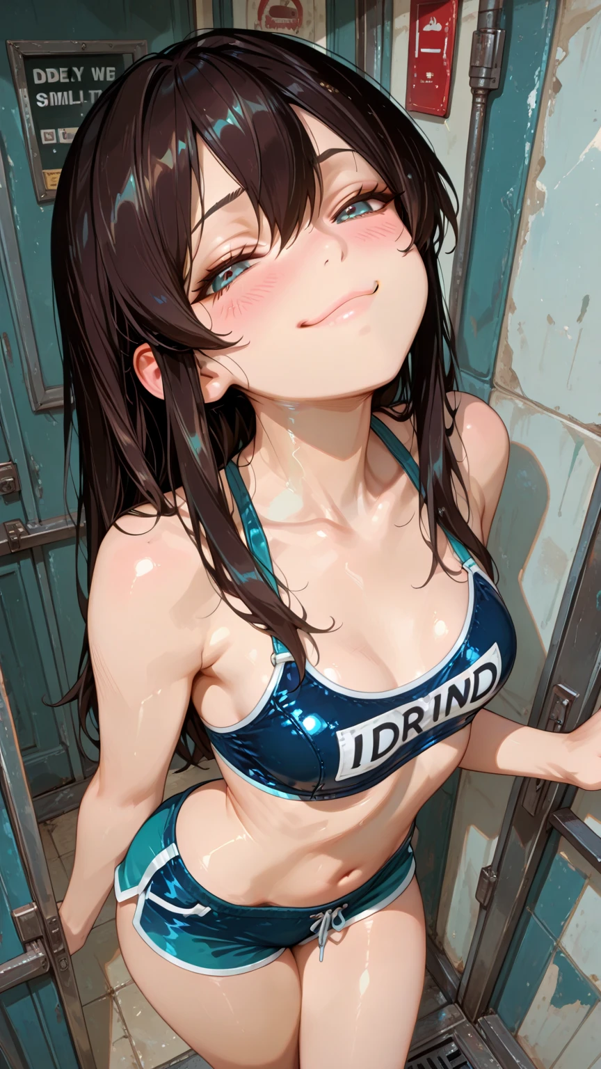 Second Dimension、Cool girl、sister、smile、Are standing、From above、tall、Masculine muscles、Big Abs、Side Chest、Small breasts、Pectoralis major、Place hands on hips、Biceps、Thick thighs、Hamstring 、Big Ass、Light blue bikini、Long Hair、Light blue hair、Green Eyes、Open your mouth、Bathroom、shower、