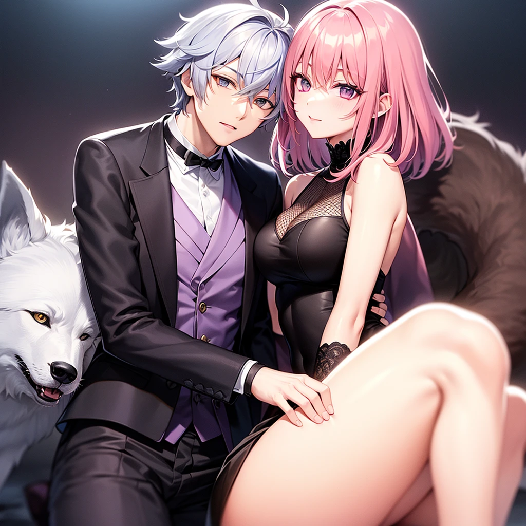 ((obra maestra de anime TV)), (enfoque medio cuerpo), anatomically well made, boy and girl couple adultos, varias poses juntos, you can see the mutual attraction, girl Foxy, pelo largo blanco o plateado, radiante iris eyes brillan del ojo verde:0.5, boy pelo corto bicolor, rostro masculino, eyes are also bright red eyes and radiant black:1.1,  -auto..