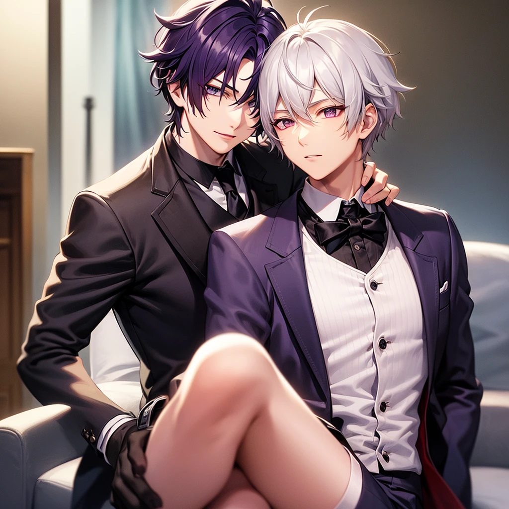 (Situation)Two men, mutual love, young men, BL, homosexual, sex between men, two men lying on a bed, facing each other, kissing while looking at each other, dark room at night, Chinese style
(Common appearance) A man dressed as a woman, a slender man, a man in Chinese-style sexy lingerie with see-through fabric, a man in a Chinese dress with see-through fabric, women's clothing, elbow-length gloves with see-through fabric, see-through socks, nipples showing through thin fabric, pectoral muscles, bulging crotch, penis visible, erect penis
(1st person) A boy around 16 years old, black hair, purple eyes, ecstatic expression, shyness, feeling good, chest muscles, rubbing chest
(Second Person) A man in his 20s with silver hair and green eyes, an ecstatic expression, embarrassed, and feeling good. He is lying on the bed with his legs spread and rubbing his crotch.
