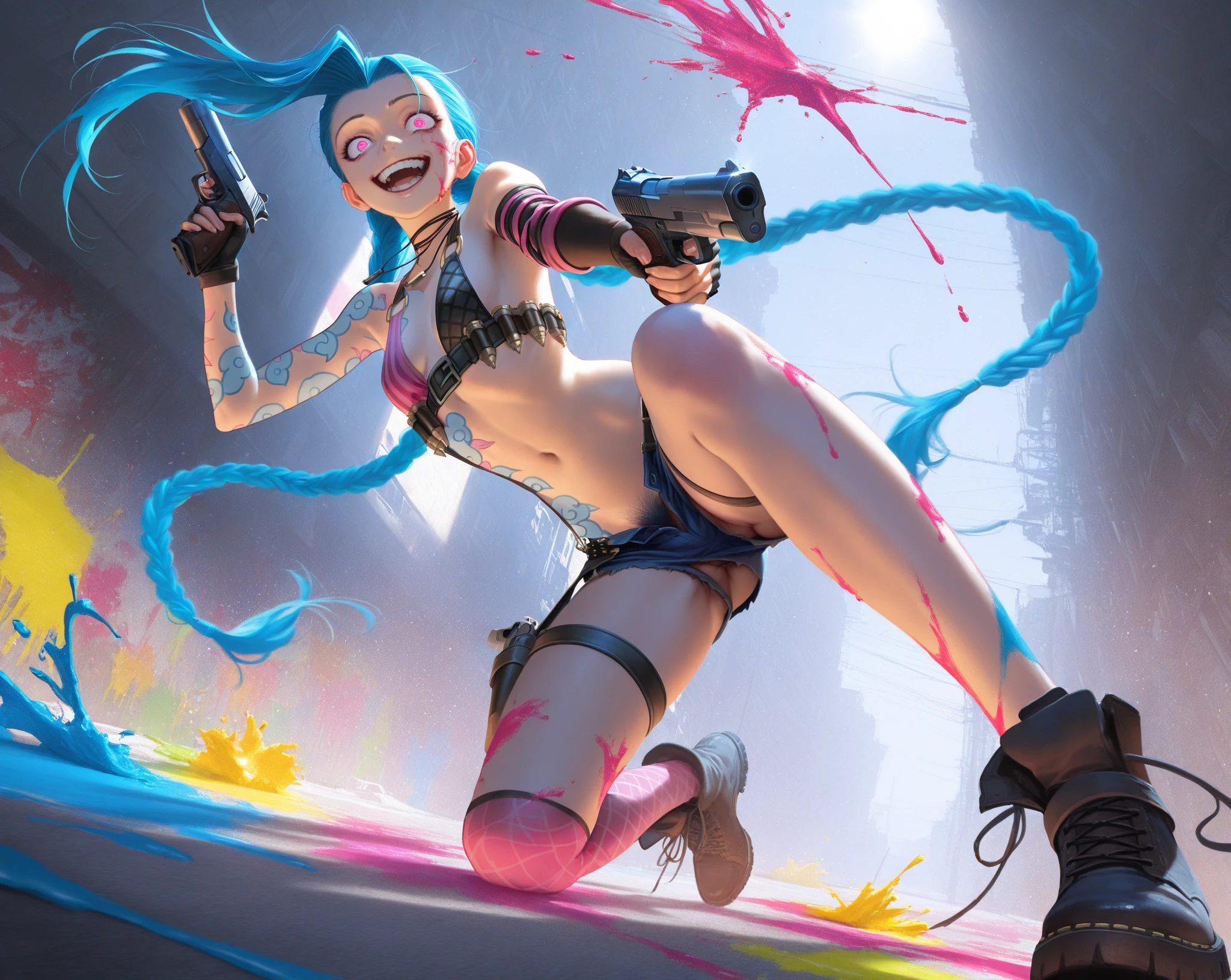 Full body of the character，The character has a large range of movement，The character is Jinx in League of Legends，blue hairs，Thin stature，smokes，Wear erotic lingerie and fishnet stockings，There are thick dark circles on the face，Nipple patches，Standing in a homeless gathering place is like a prostitute picking up customers at an intersection late at night
